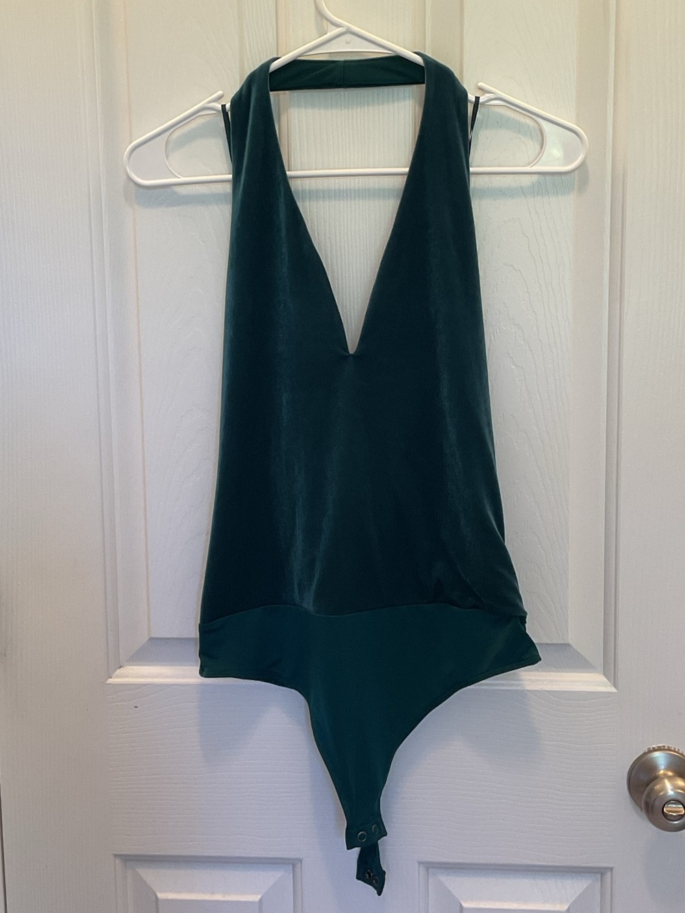 Express Teal Deep V Velvet Halter Bodysuit